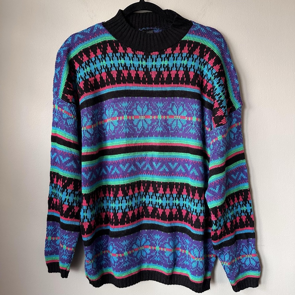 Vintage Carmelton Sweater Mens Large Black Multicolor Knit‎ 90s USA Made